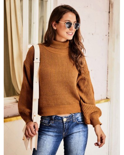 Women Knitted Pullover Turtleneck Long Sleeves Sweater Casual Fall Winter