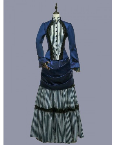 Women Blue Costumes 's Stripes Ruffles Polyester Dress Marie Antoinette Costume Vintage Clothing Tunic Retro Gothic