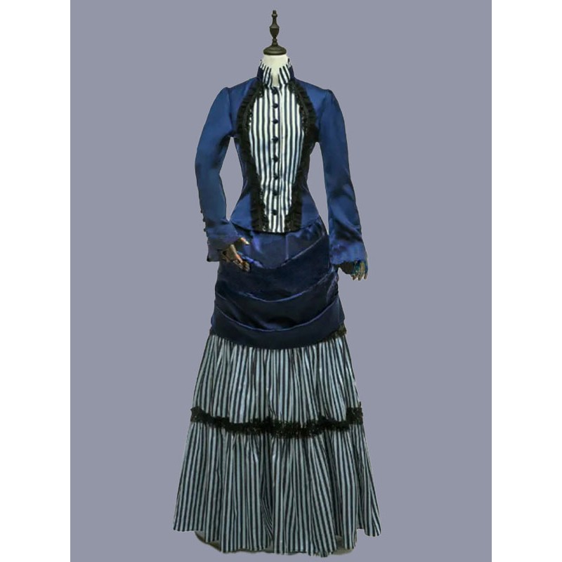 Women Blue Costumes 's Stripes Ruffles Polyester Dress Marie Antoinette Costume Vintage Clothing Tunic Retro Gothic