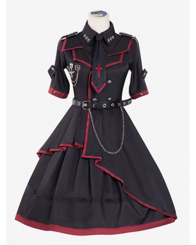 Military Style Lolita OP Dress 3 Pieces Set Black Chains Rivets Lolita One Piece Dresses Gothic Spring Summer Fall Tea Party