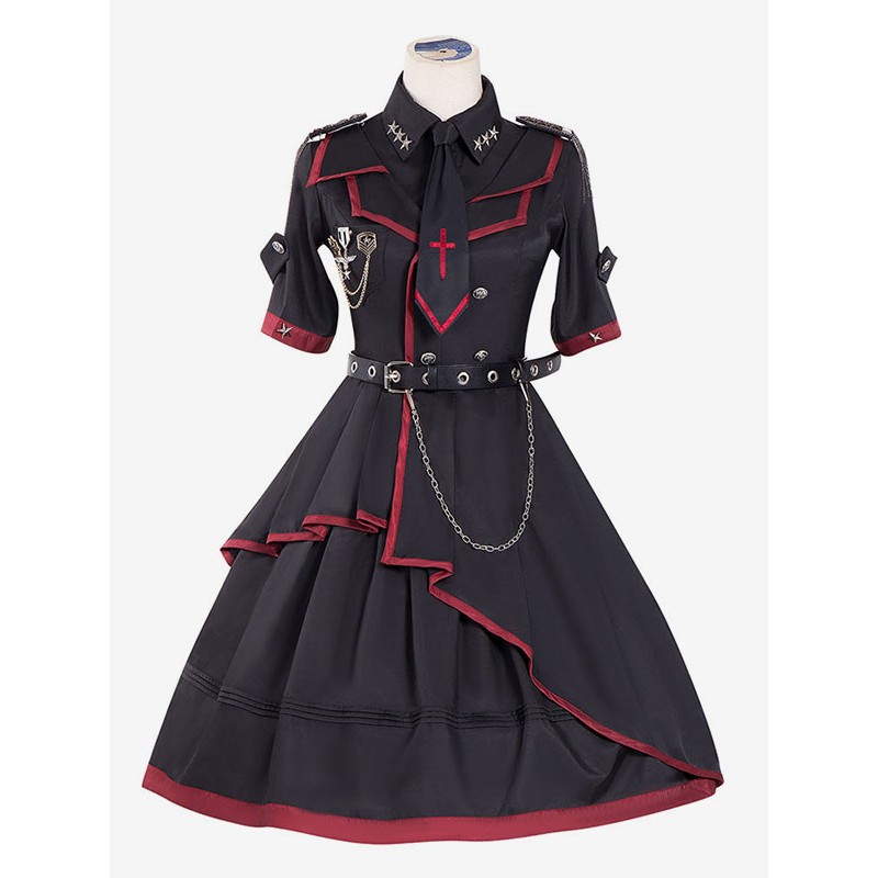 Military Style Lolita OP Dress 3 Pieces Set Black Chains Rivets Lolita One Piece Dresses Gothic Spring Summer Fall Tea Party