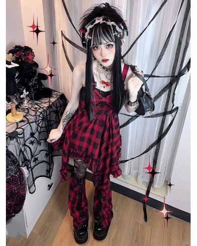 Gothic Lolita Dress Ruffles Lace Up Bows Plaid Sleeveless Red Lolita Jumper Skirts