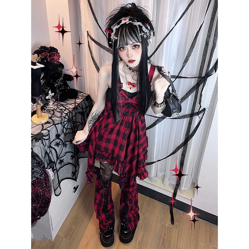 Gothic Lolita Dress Ruffles Lace Up Bows Plaid Sleeveless Red Lolita Jumper Skirts