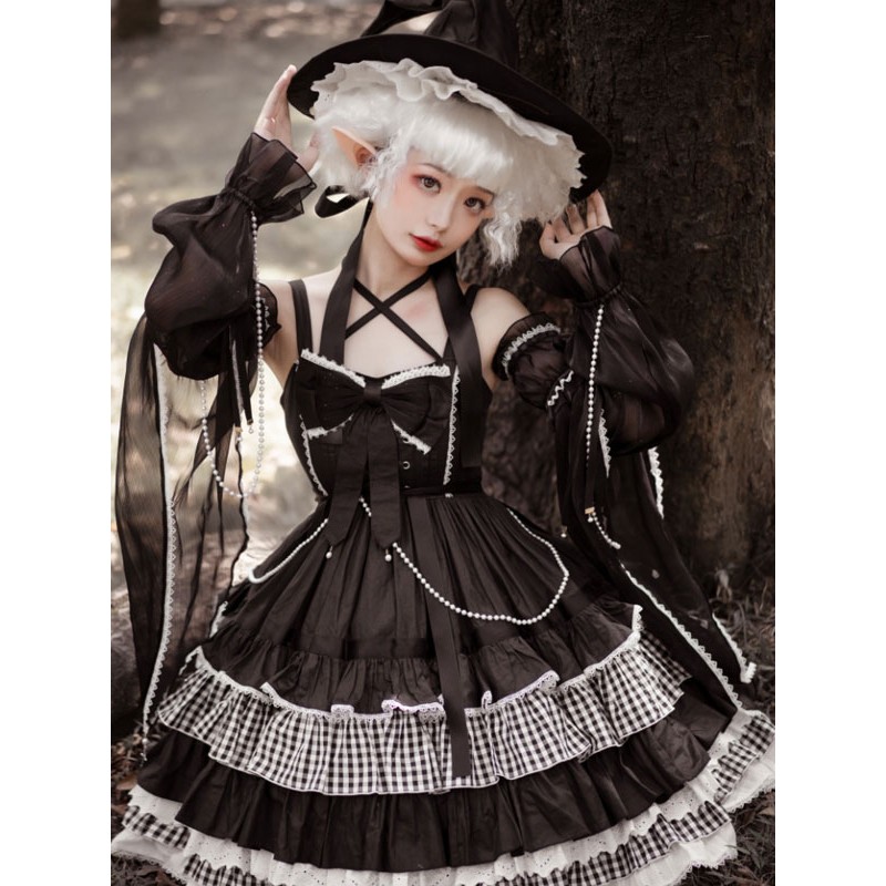 Gothic Lolita Dresses Ruffles Bows Plaid Black