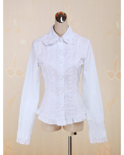 White Cotton Lolita Blouse Long Sleeves Lace Trim Turn-down Collar