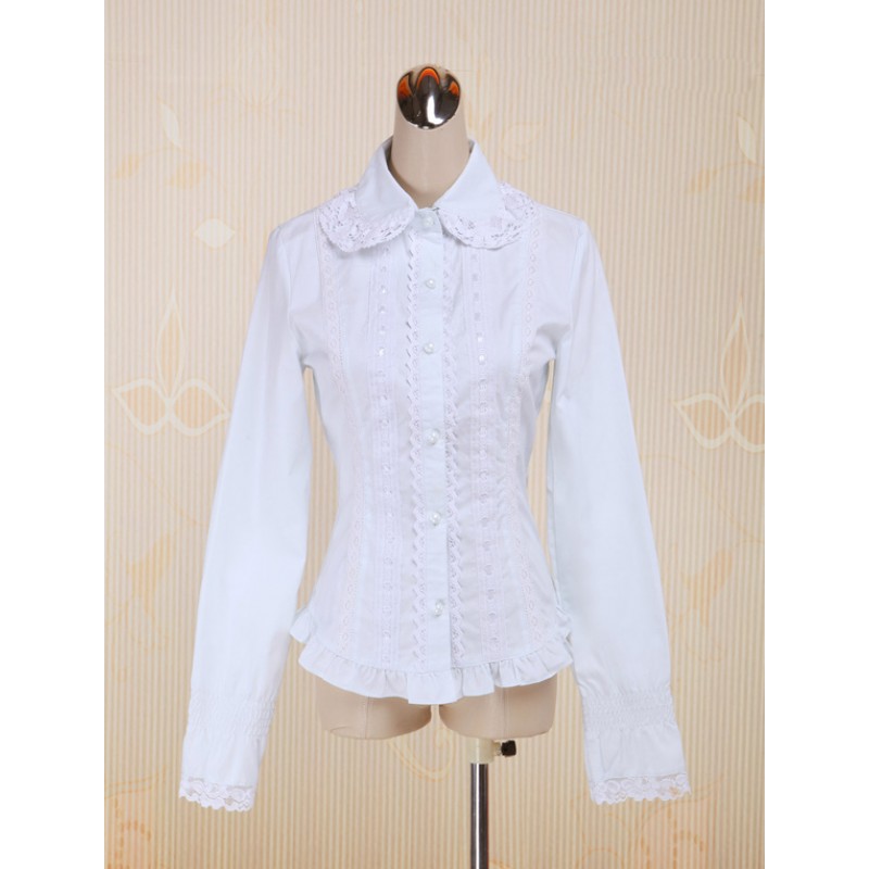 White Cotton Lolita Blouse Long Sleeves Lace Trim Turn-down Collar