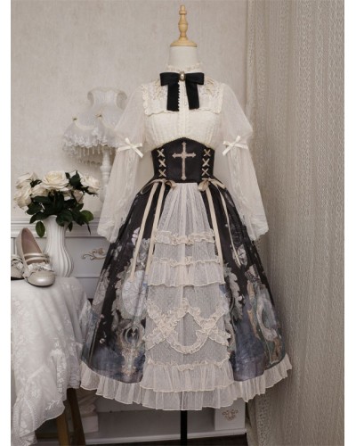 Lolita Outfits Ecru White Lace Long Sleeves Blouse Skirt Academic