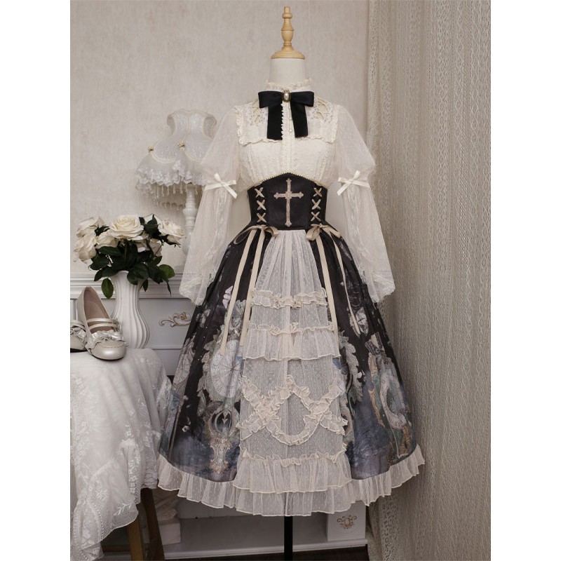 Lolita Outfits Ecru White Lace Long Sleeves Blouse Skirt Academic