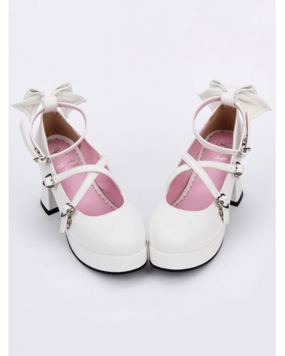 Lolita Shoes Bow Strappy Round Toe Platform White Lolita Heels Sweet Tea Party