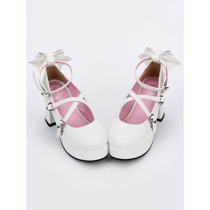 Lolita Shoes Bow Strappy Round Toe Platform White Lolita Heels Sweet Tea Party