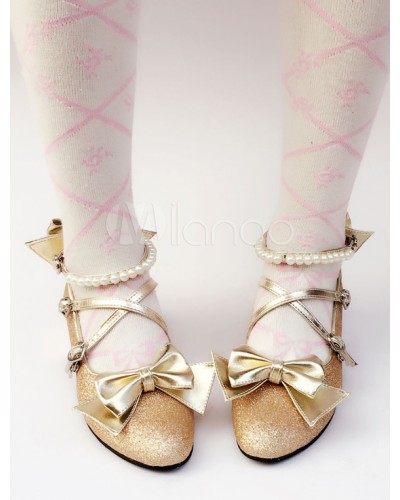 Sweet Lolita Shoes Gold Glitter Pearl Bow Cross Front Heeled Lolita Pumps