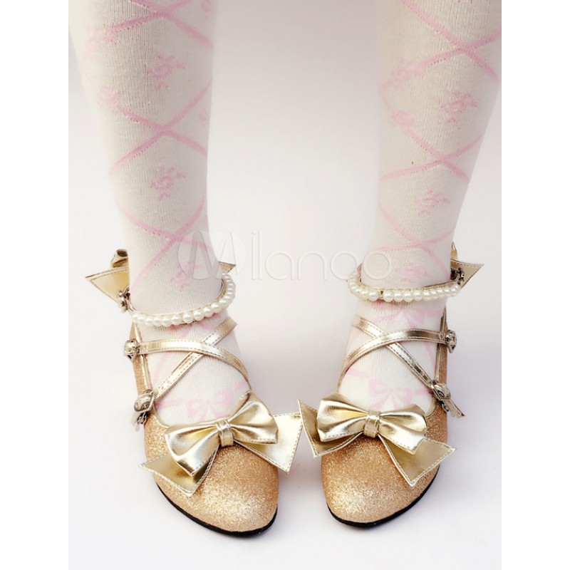 Sweet Lolita Shoes Gold Glitter Pearl Bow Cross Front Heeled Lolita Pumps