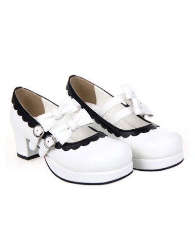 Sweet Lolita Square Heels Shoes Platform Straps Bows Buckles White Trim