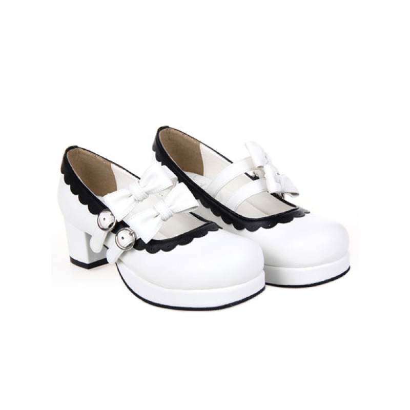 Sweet Lolita Square Heels Shoes Platform Straps Bows Buckles White Trim