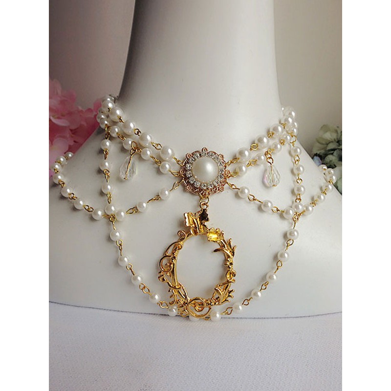 Lolita Jewelry Pearl Beading Metallic Layered White Lolita Necklace Accessories Sweet Tea Party