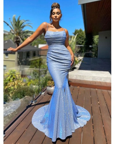 Birthday Dresses Blue Straps Neck Sleeveless Backless Long Semi Formal Dress Bodycon Party Graduation