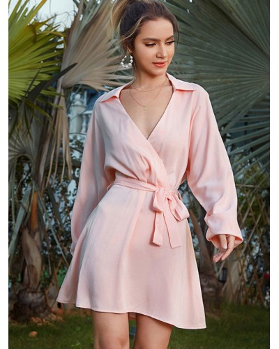 Mini Dresses Pink V-Neck Lace Up Long Sleeves Silk-like Dresses Bodycon Spring Summer Fall