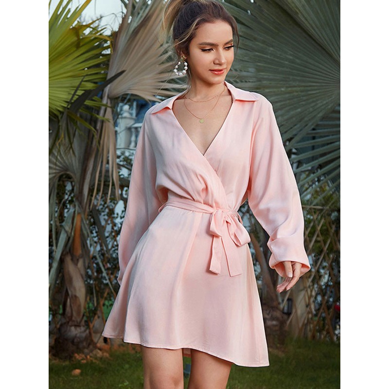 Mini Dresses Pink V-Neck Lace Up Long Sleeves Silk-like Dresses Bodycon Spring Summer Fall