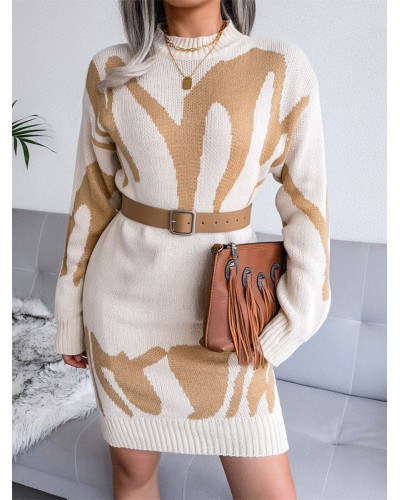 Knitted Dress For Women Beautiful Geometric Acrylic Long Sleeves High Collar Sweater Dresses Classic  Traditional Daily Casual