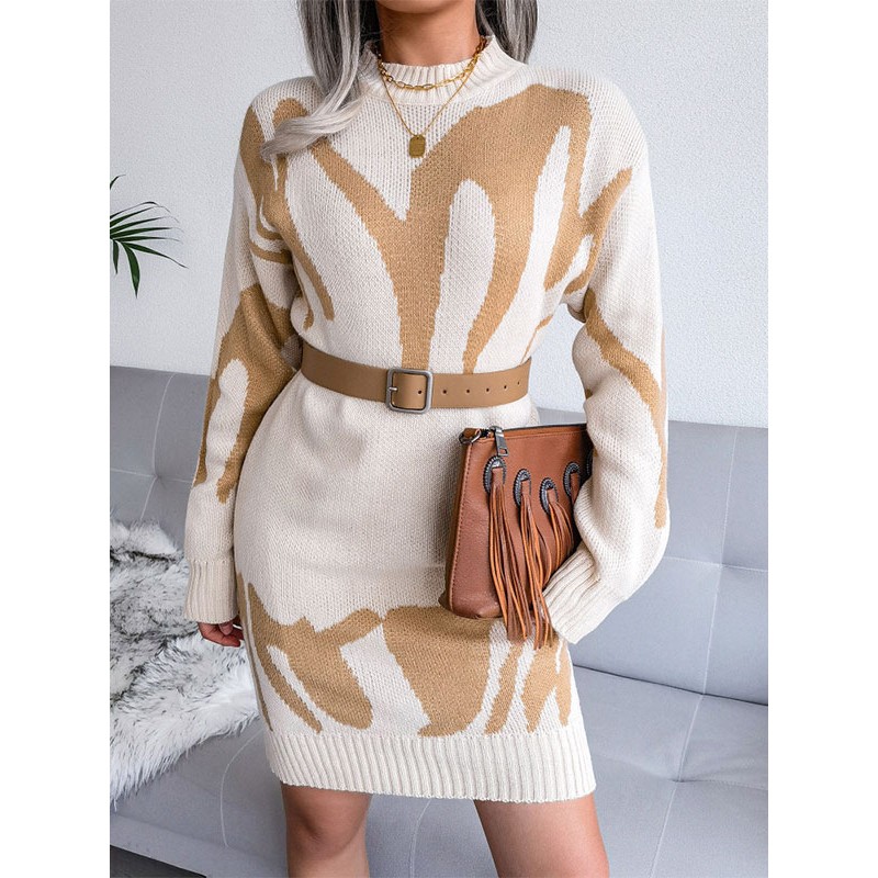 Knitted Dress For Women Beautiful Geometric Acrylic Long Sleeves High Collar Sweater Dresses Classic  Traditional Daily Casual