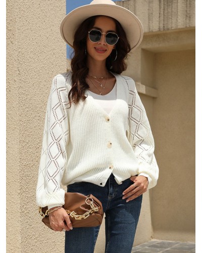 Sweaters White Acrylic Buttons Long Sleeves V-Neck Cardigans Casual