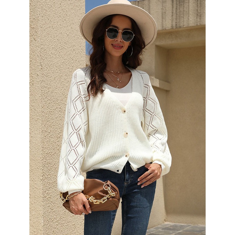 Sweaters White Acrylic Buttons Long Sleeves V-Neck Cardigans Casual