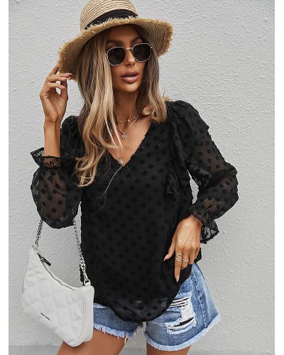 Women Blouse Black V-Neck Long Sleeves Tops Casual Spring Summer Fall