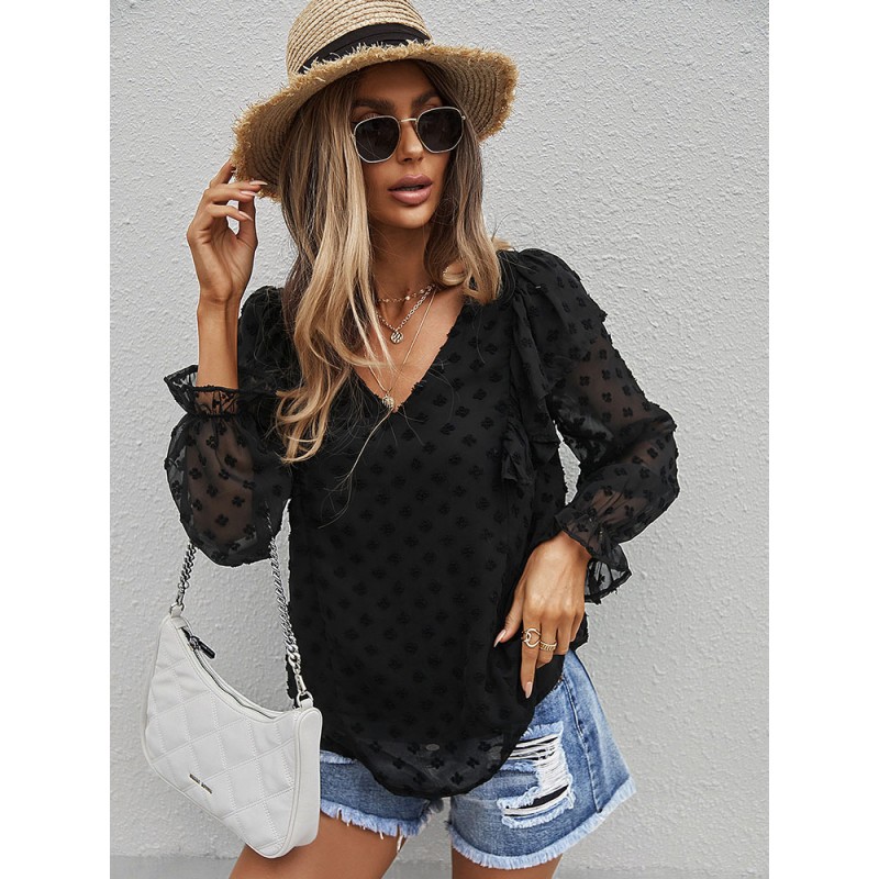 Women Blouse Black V-Neck Long Sleeves Tops Casual Spring Summer Fall