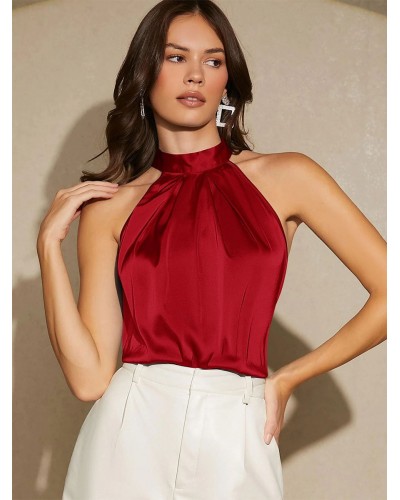 Burgundy Cami Top High Collar Pleated Knotted Matte Satin Knotted Camis For Women Casual Summer