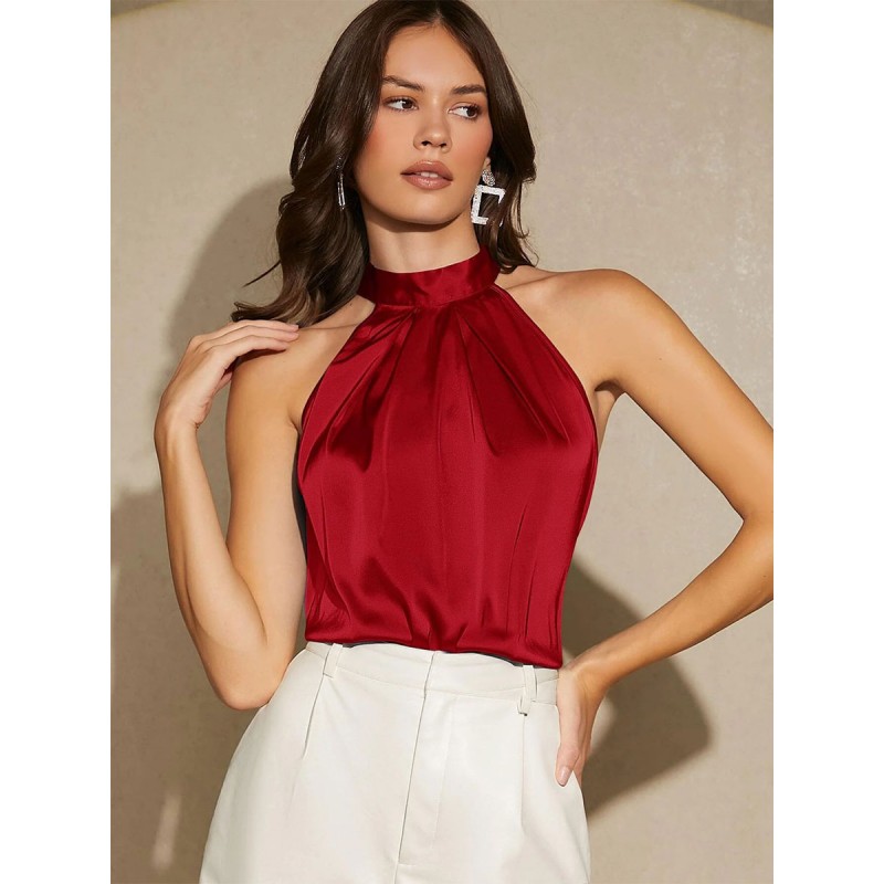 Burgundy Cami Top High Collar Pleated Knotted Matte Satin Knotted Camis For Women Casual Summer