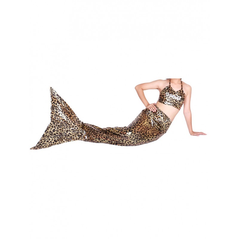 Unisex Leopard Print Mermaid Tail And Bra Shiny Metallic Cosplay Costume