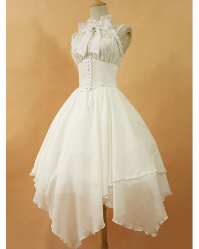 Gothic Lolita Dress JSK The Dawn White Chiffon Lace Bow Haltered Lace Up Irregular Lolita Jumper Skirt Original Design Sweet Lolita Dress Summer Wedding