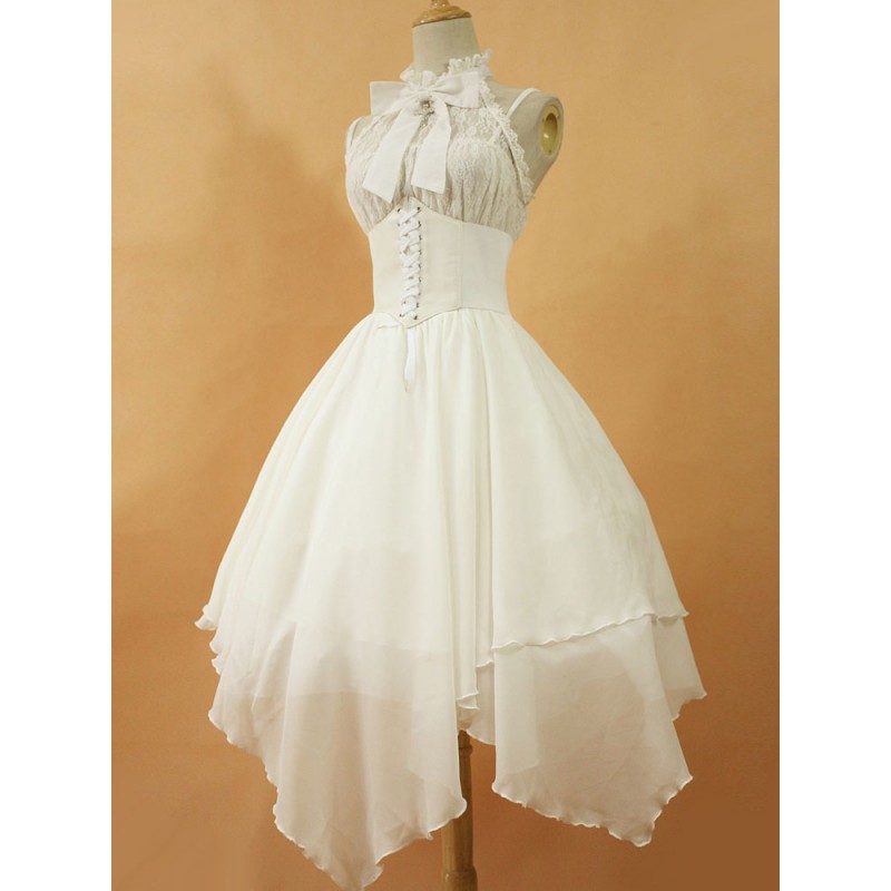 Gothic Lolita Dress JSK The Dawn White Chiffon Lace Bow Haltered Lace Up Irregular Lolita Jumper Skirt Original Design Sweet Lolita Dress Summer Wedding