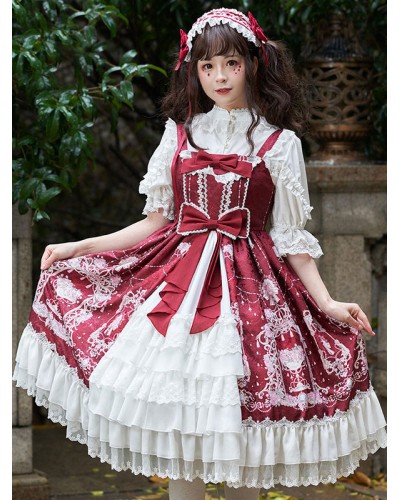 Sweet Lolita JSK Dress Bow Lace Front Opening Floral Print Lolita Jumper Skirts Daily Casual