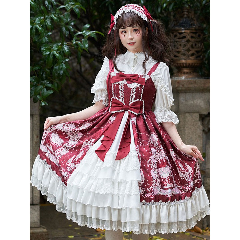 Sweet Lolita JSK Dress Bow Lace Front Opening Floral Print Lolita Jumper Skirts Daily Casual