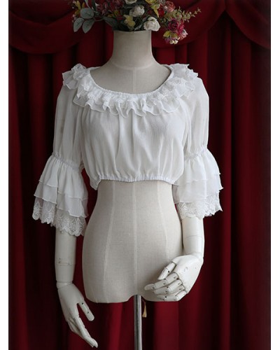 White Chiffon Lolita Blouse Middle Hime Sleeves Lace Trim High Waist