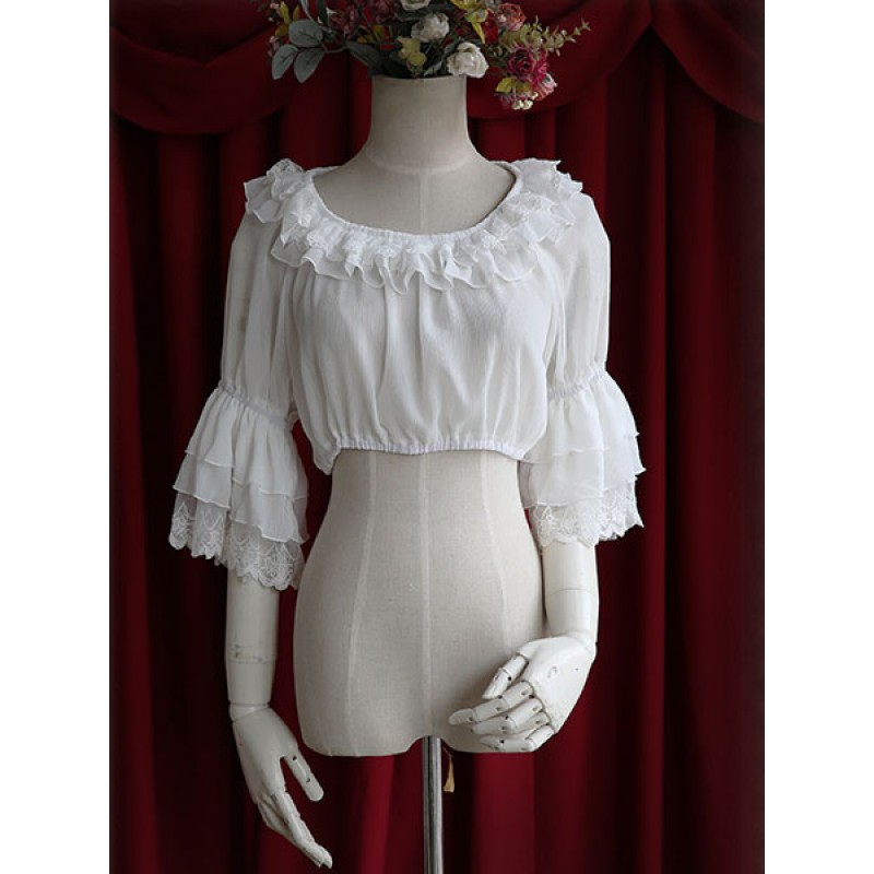 White Chiffon Lolita Blouse Middle Hime Sleeves Lace Trim High Waist