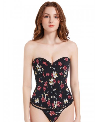 Black V-Neck Sexy Lace-up Buttons Floral Print Woman's Women Bustier Indoor