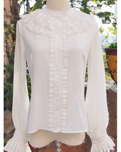 Classic Lolita Blouse Chiffon Ruffles Lace Puff Sleeve Stand Collar White Lolita Top Tops Classic  Traditional Daily Casual