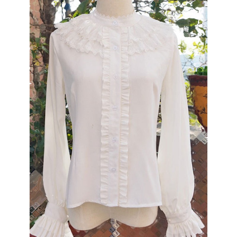 Classic Lolita Blouse Chiffon Ruffles Lace Puff Sleeve Stand Collar White Lolita Top Tops Classic  Traditional Daily Casual