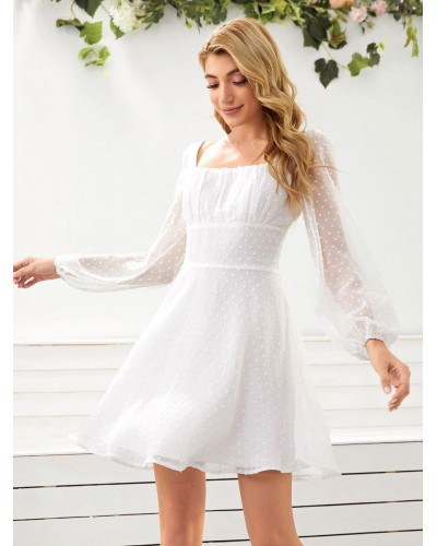 Women Birthday Mini Dresses White Long Sleeves Short Dress Sweet Spring