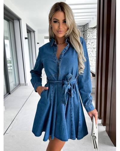 Women Denim Dresses Turndown Collar Lace Up Long Sleeves A-Line Mini Dresses Shirt Spring Fall