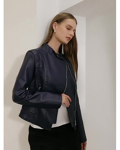 Leather Jacket Stand Collar Spring Biker Outerwear For Women Moto Fall