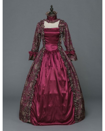 Women Victorian Dress Costume 's Masquerade Ball Gowns Burgundy Floral Long Sleeves With Choker Victorian Era Clothing With Hat Retro Costumes Halloween Sets Baroque