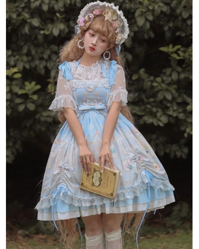 Lolita OP Dress Neverland Floral Print Light Sky Blue Ruffles Lolita One Piece Dresses Sweet Spring Summer Daily Casual Tea Party