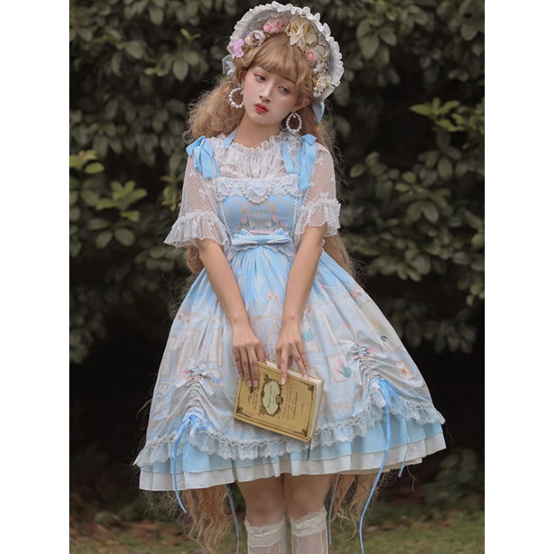 Lolita OP Dress Neverland Floral Print Light Sky Blue Ruffles Lolita One Piece Dresses Sweet Spring Summer Daily Casual Tea Party