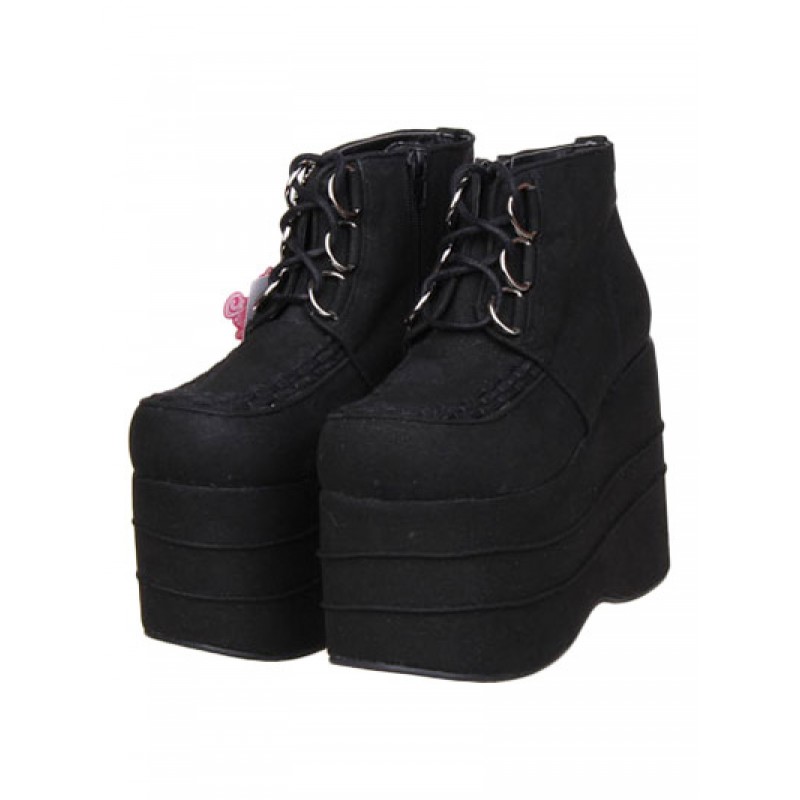 Black Micro Suede Lolita High Platform Shoes Lace Up