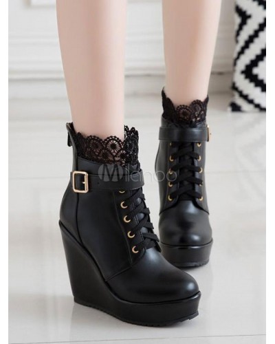 Classic Lolita Boots Lace Buckle Wedge Heel Black Lolita Shoes Daily Casual Tea Party