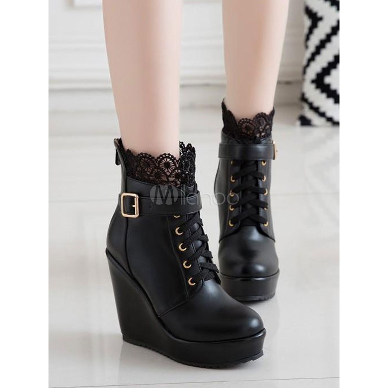 Classic Lolita Boots Lace Buckle Wedge Heel Black Lolita Shoes Daily Casual Tea Party