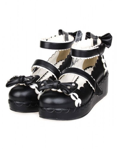 Sweet Lolita Shoes Platform Ankle Strap Bows Decor White Trim Daily Casual